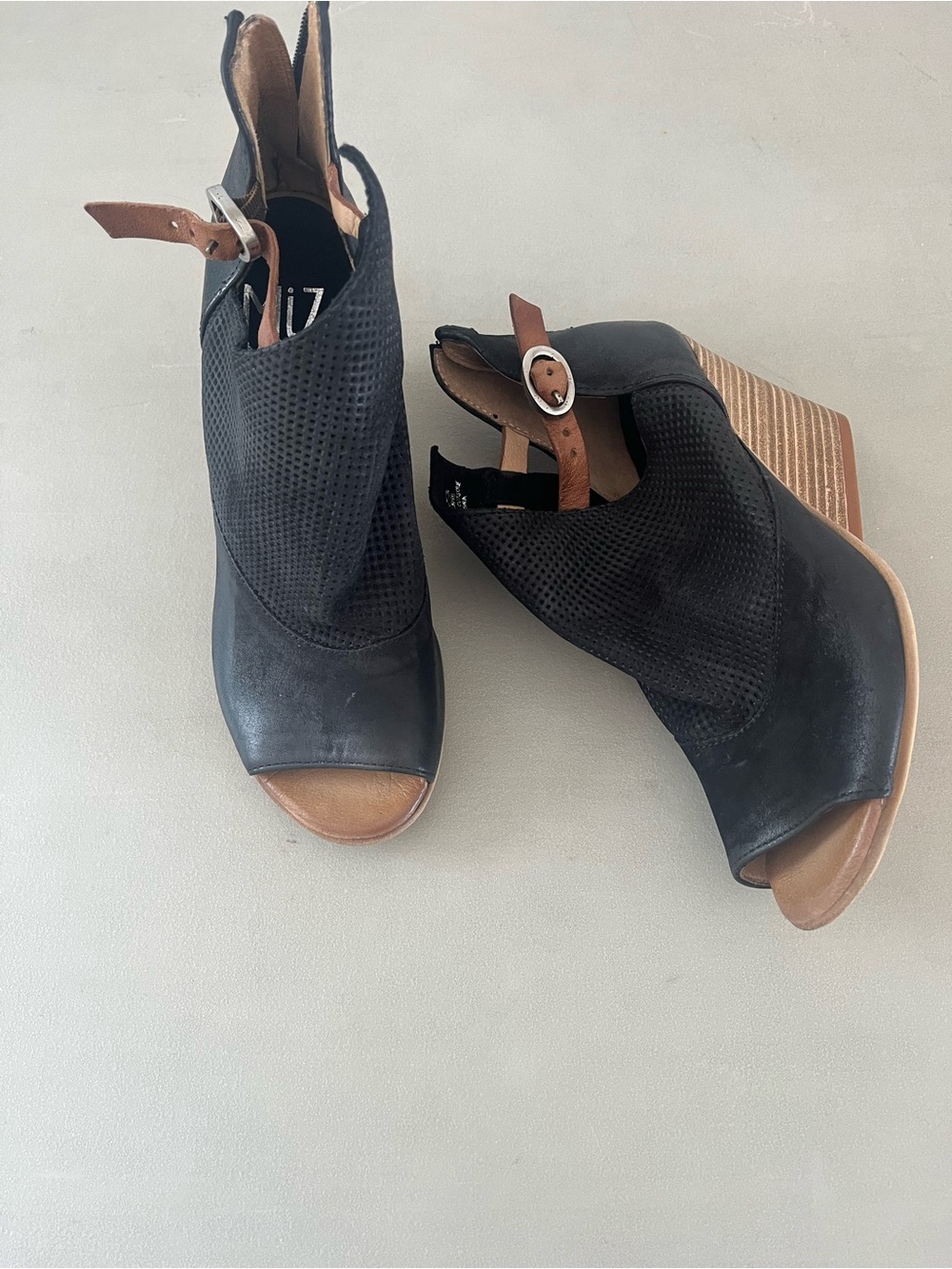 Miz Mooz Black Peep-Toe Wedge Sandals with Tan Accents